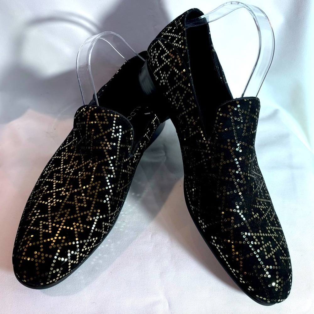 ALDO Sz 10 Loafer Slip On Suede Gold Graphic Pattern Almond Toe NEW WITH TAG